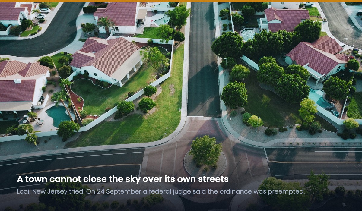 Low aerial view of a residential street of single-family houses, illustrating the local airspace a municipal drone ordinance tries to regulate