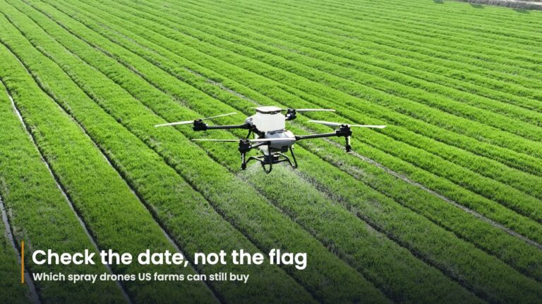 Agricultural spray drone flying low over rows of green crops, the type of aircraft affected by the US agricultural drone ban