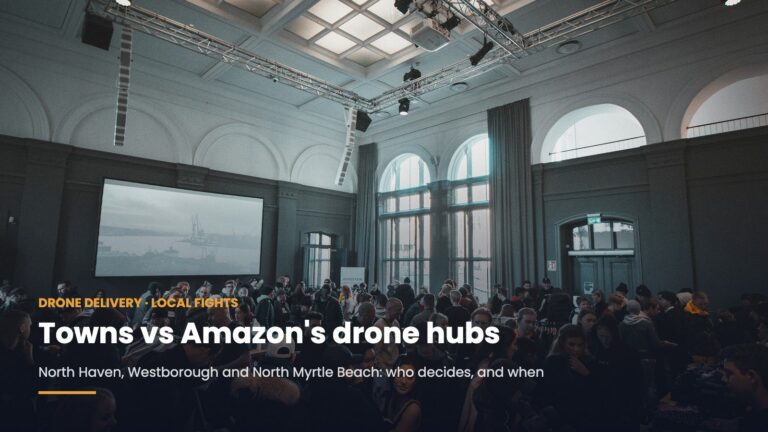 Residents at a public meeting, illustrating local hearings on Amazon drone delivery hubs