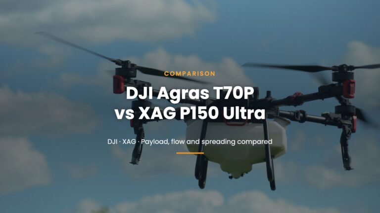Agricultural spray drone in flight, cover for the DJI Agras T70P vs XAG P150 Ultra comparison