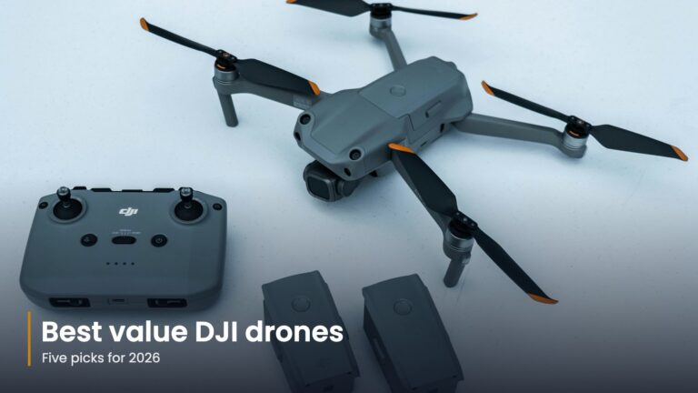 Folding drone with its controller, spare batteries and a phone