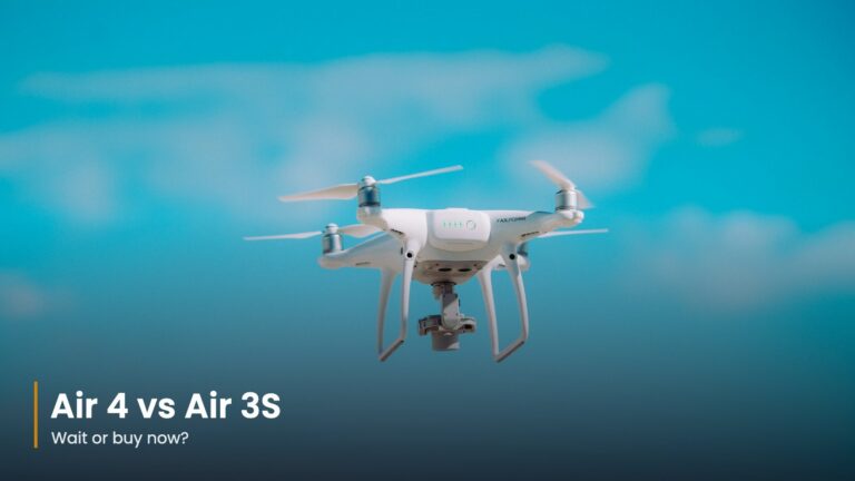 White quadcopter flying against a blue sky