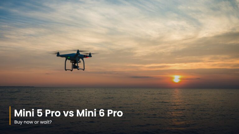 Quadcopter flying low over water at sunset