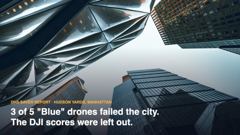 Looking up at skyscrapers at Hudson Yards, Manhattan, where DHS tested Blue UAS drones against DJI aircraft