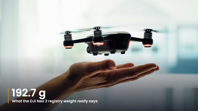 Small palm-sized drone hovering above an open hand, illustrating the DJI Neo 3 weight class