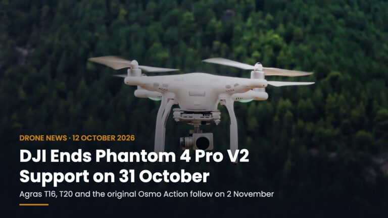 A white DJI Phantom drone in flight over a forest (stock photo)