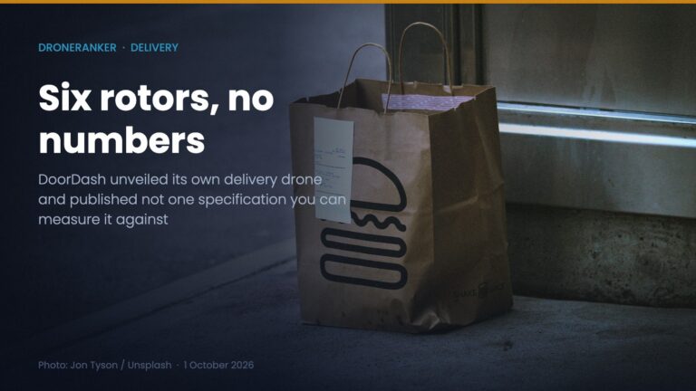 A sealed brown takeaway bag left on the ground beside a wall, the kind of restaurant order the DoorDash Air drone is designed to carry