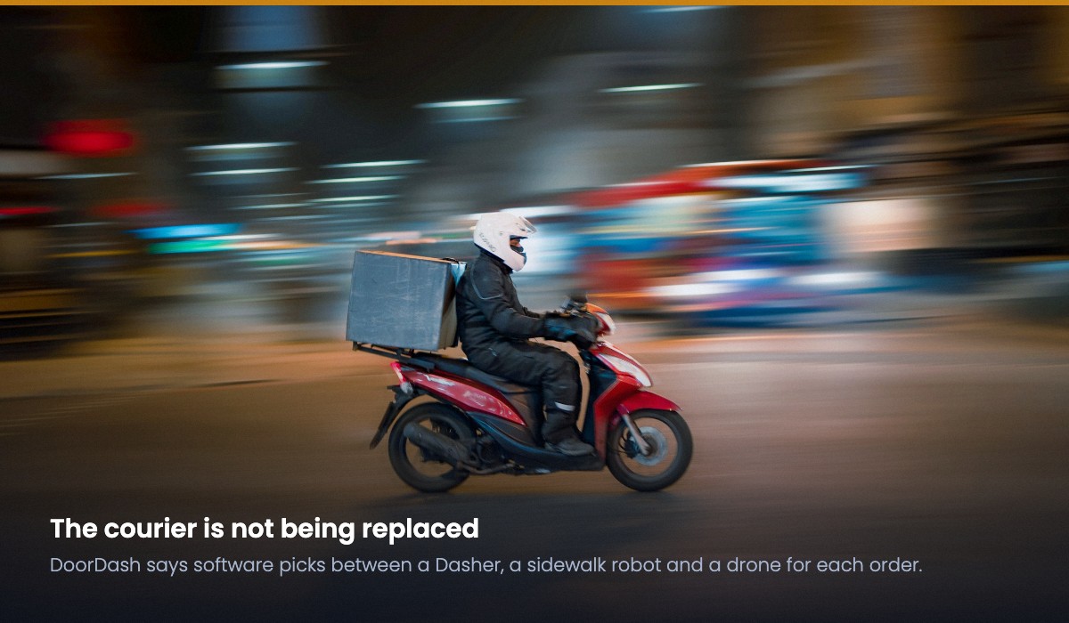 A delivery courier on a scooter photographed in motion at night, the ground option DoorDash software weighs against a drone for each order