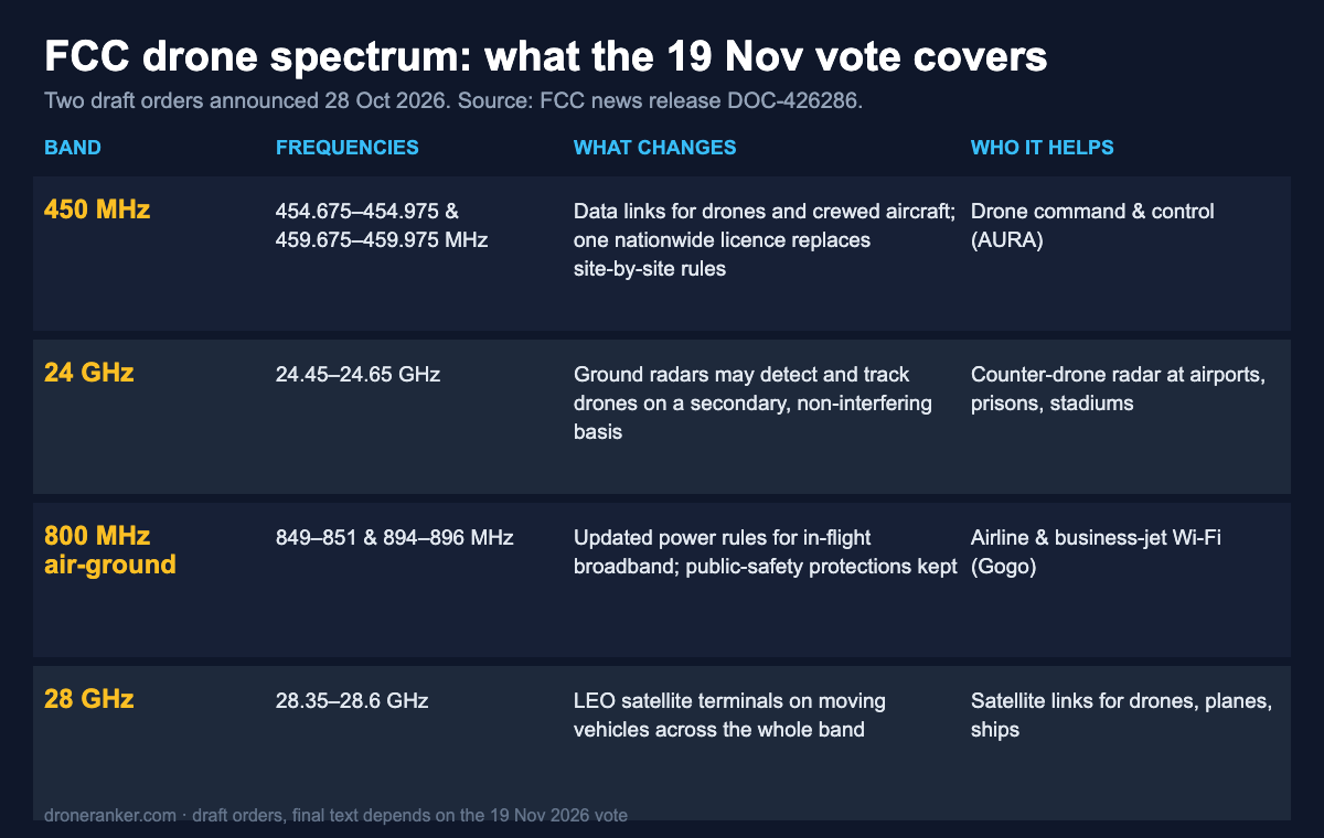 FCC drone spectrum bands on the 19 November 2026 vote: 450 MHz, 24 GHz, 800 MHz air-ground and 28 GHz