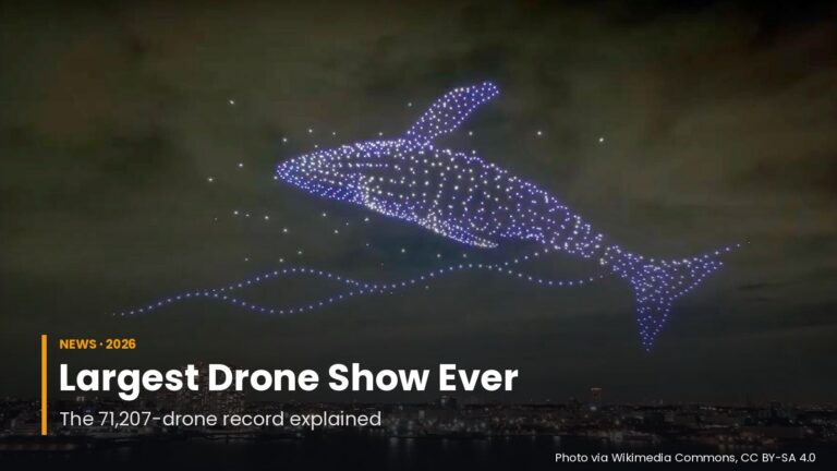 Drone light show forming a whale over a Japanese harbour