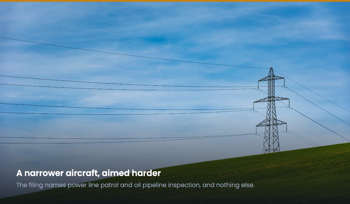 A single transmission pylon on open ground beneath a wide sky, the kind of corridor survey the Matrice 5TD filing describes