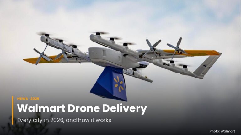 Wing delivery drone carrying a Walmart package